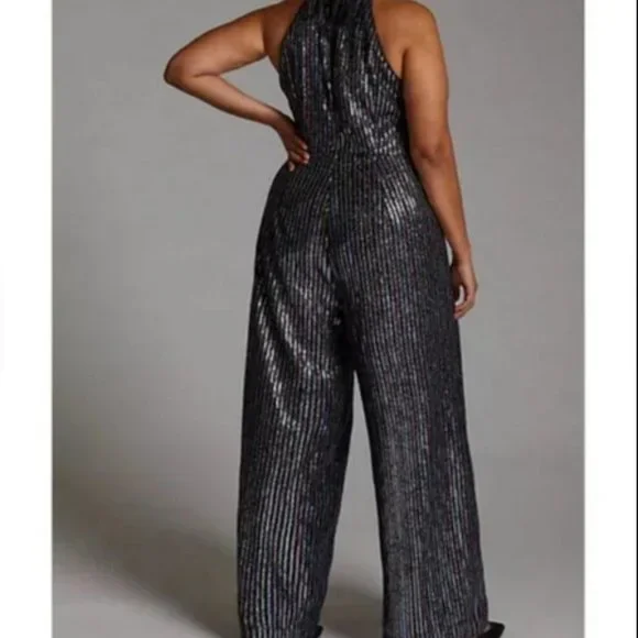Anthropologie Maeve 26W NWT Metallic Disco Halter Wide Leg Jumpsuit Silver Black